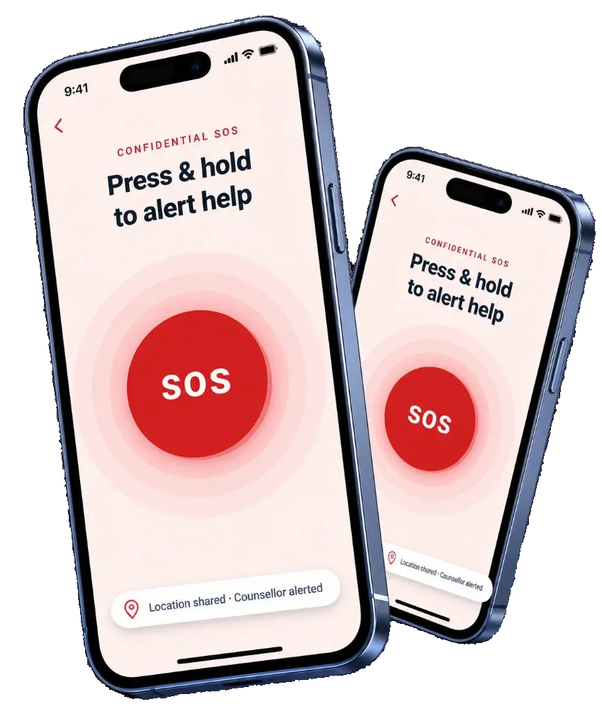O'CARE app showing a confidential SOS alert screen on two phones