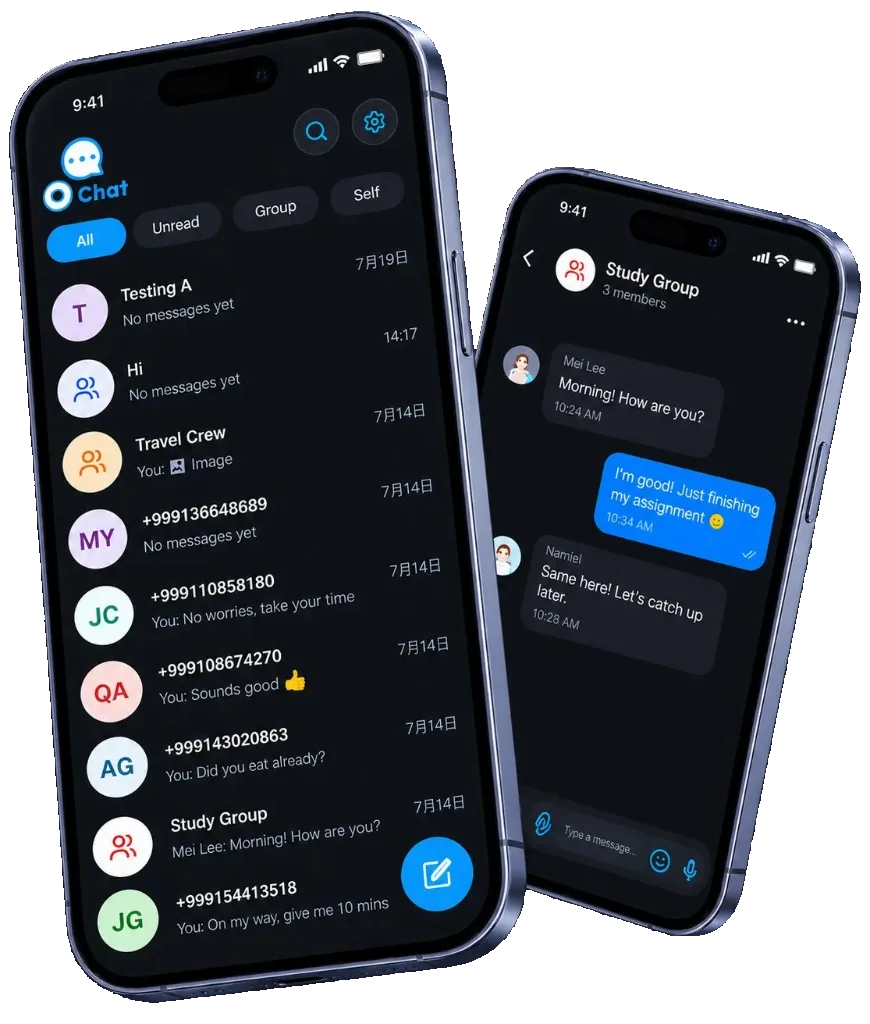 O'CHAT private messaging app on two phones