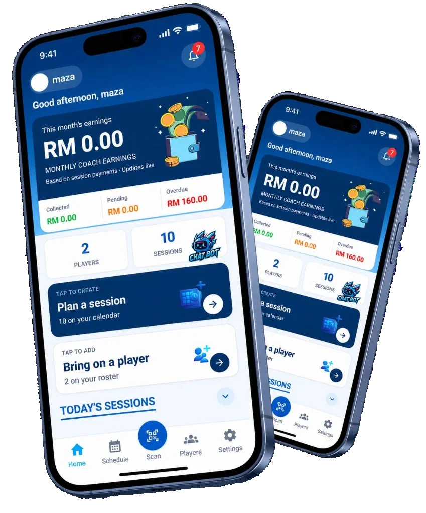 O'SMASH badminton coaching app on two phones