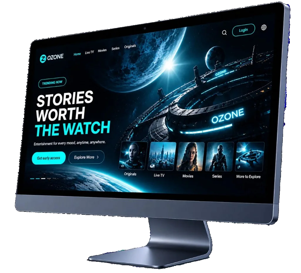 O'ZONE streaming platform shown on a desktop monitor